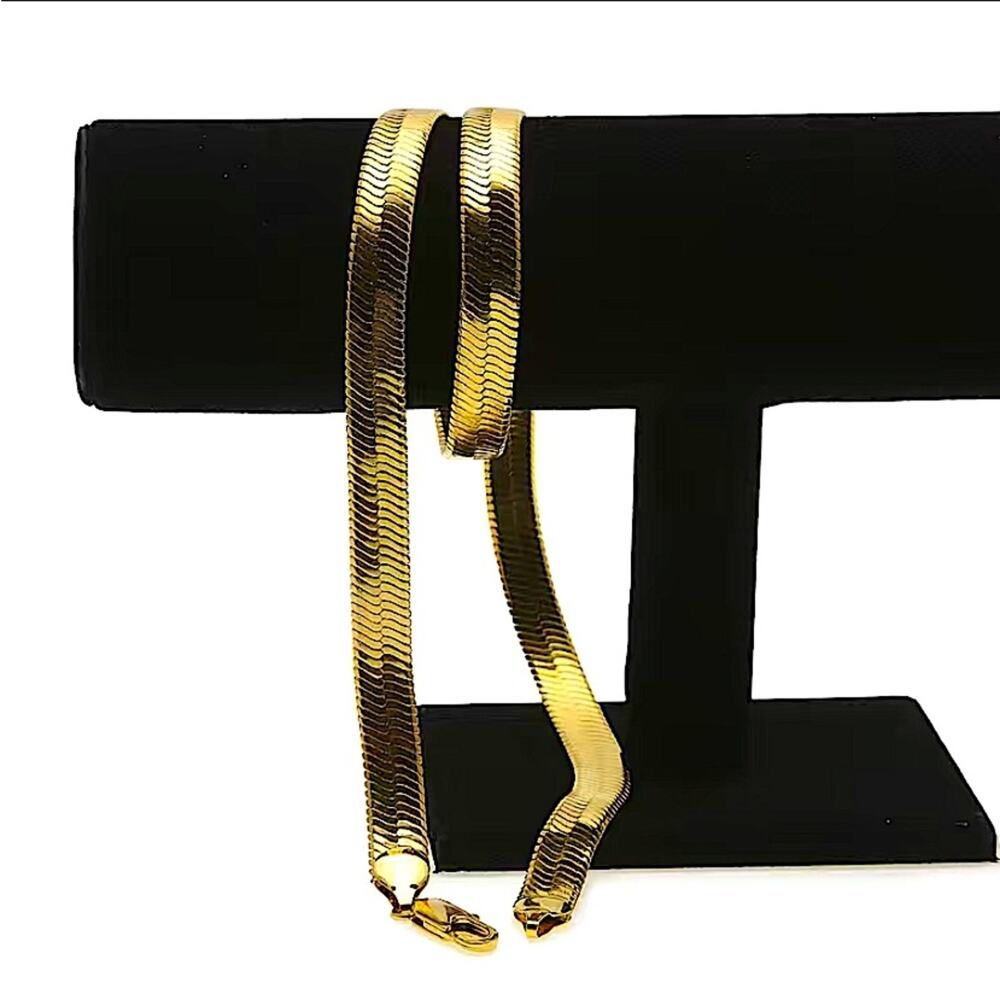 Gold Herringbone Flat Necklace Bracelet Set, Unisex, Two Piece 4mm - Picture 8 of 10